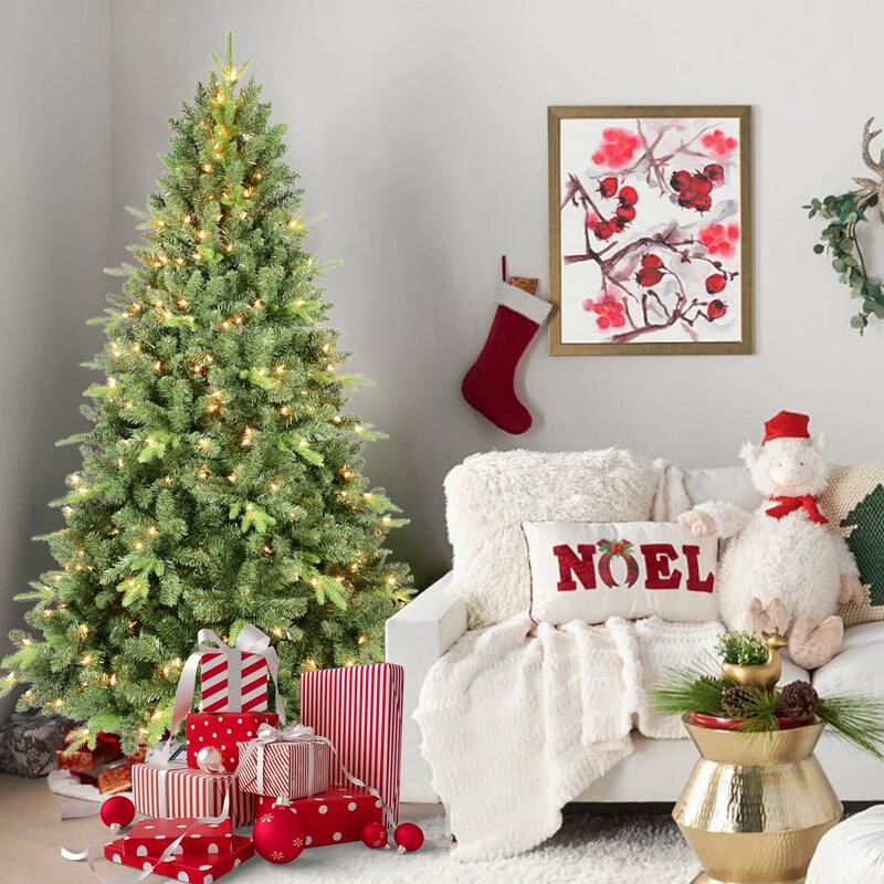 5FT Pre-Lit Christmas Tree with 300 UL Warm White Lights-Classic Green Tree with 967 PE+PVC Tips, Hinged Branches for Easy Setup