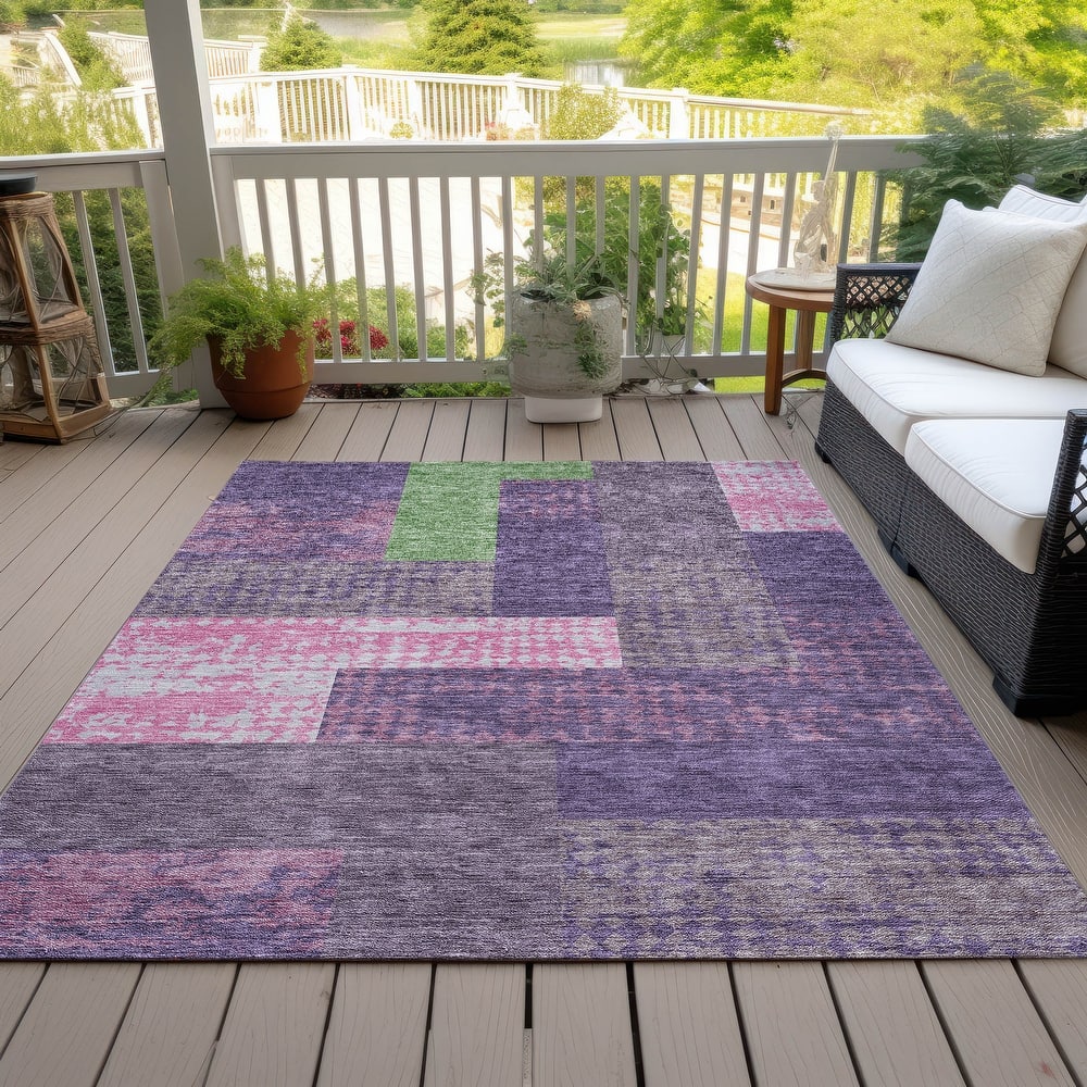 Machine Washable Indoor/ Outdoor Modern Blocks Chantille Rug