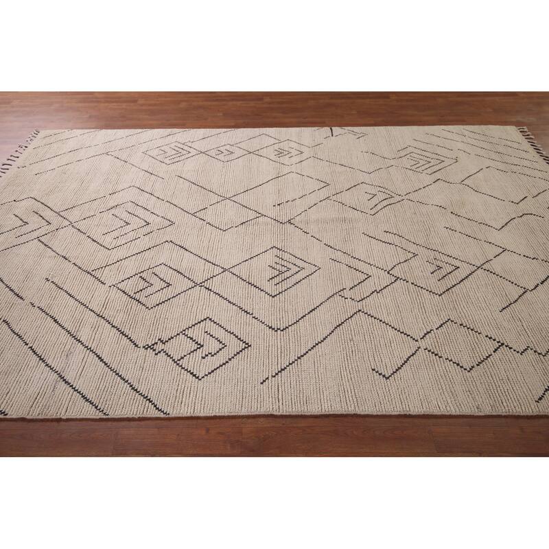 All-Over Ivory Moroccan Modern Area Rug Hand-Knotted Wool Carpet - 6'10"x 10'8"