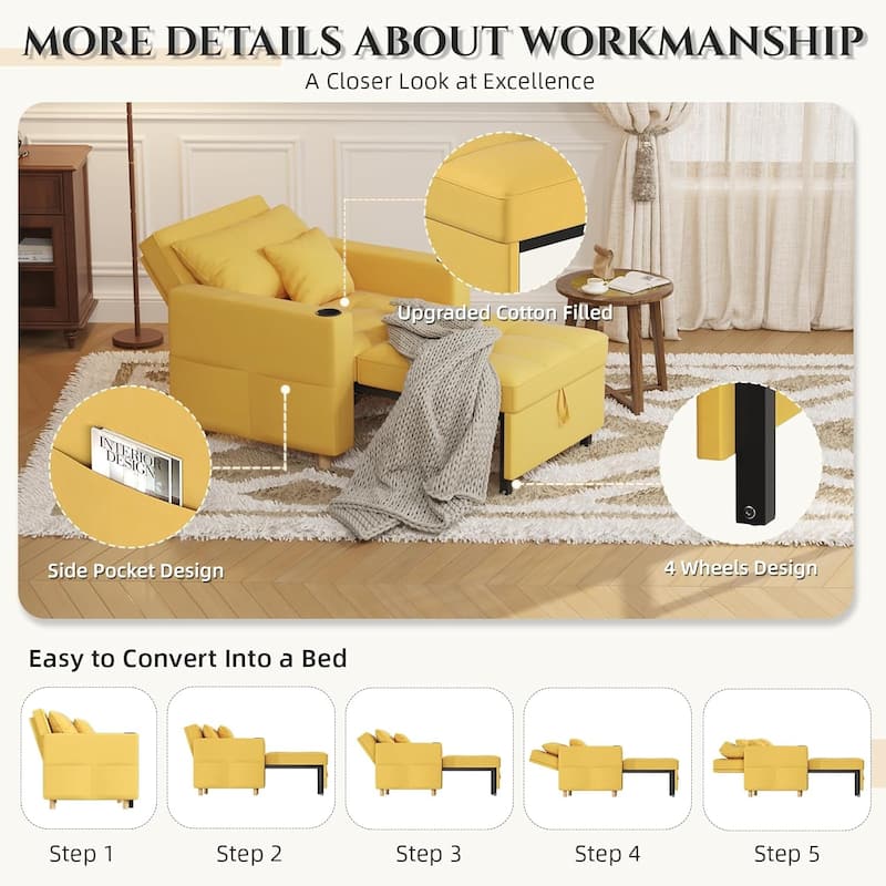 AECOJOY Sleeper Chair Extra Wide Convertible Chair Bed 3-in-1 Pull Out Single Sofa