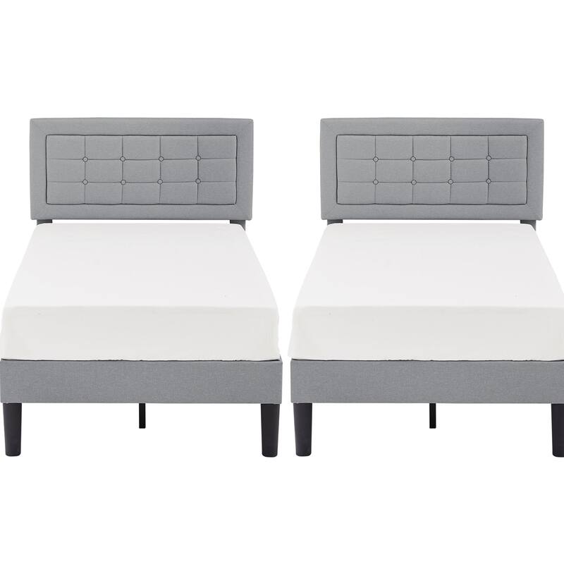 VECELO Tufted Upholstered Kids Bed with Adjustable Headboard,Twin Size Bed Set of 2 - Light Grey