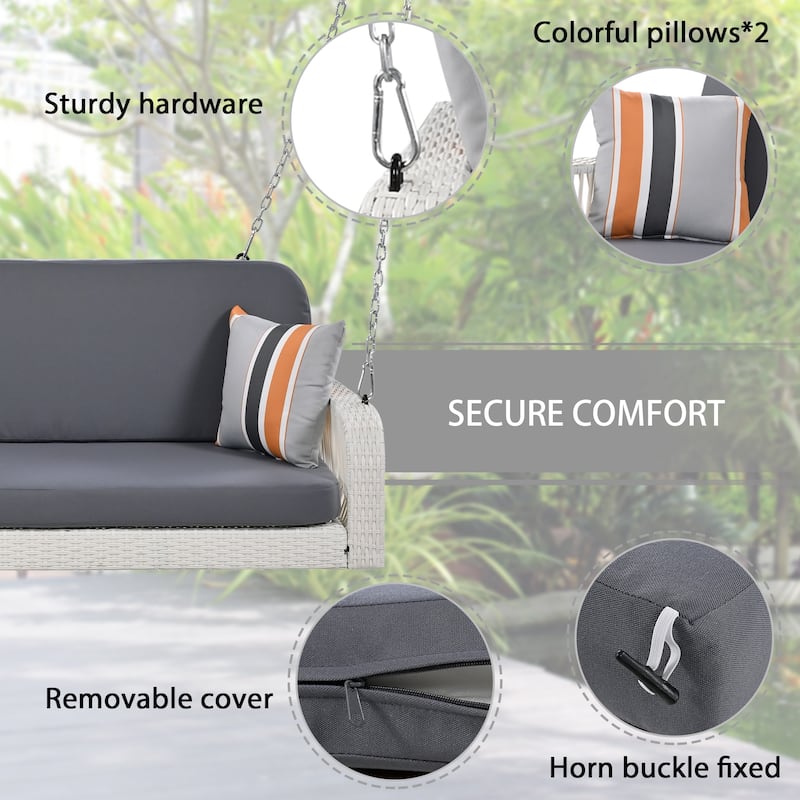 Roomfitters PE Wicker Porch Swing, 2-Seater Hanging Bench With Chains, Patio Furniture Swing For Backyard Garden Poolside