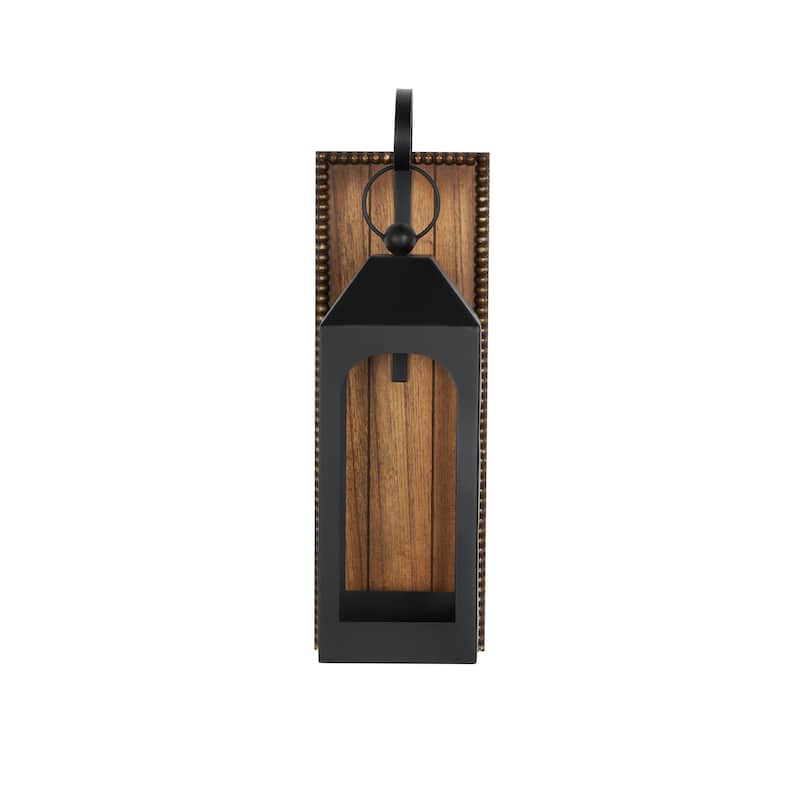 Black Metal Suspended Arched Cutout Wall Sconce with Brown Wood Backing and Beaded Edge