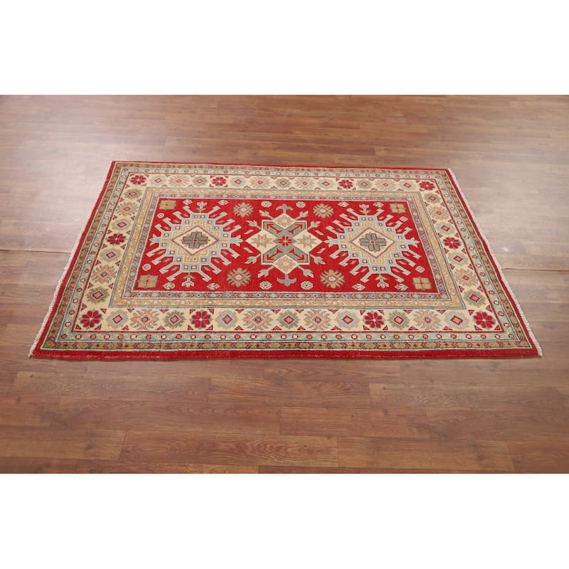 Kazak Accent Rug Handmade Geometric Red Wool Carpet - 3'5" x 4'11"
