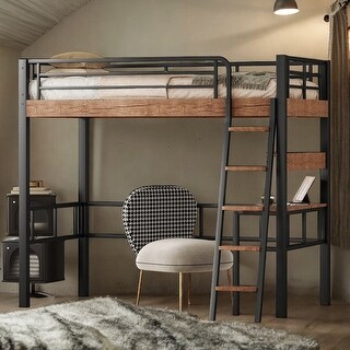 Metal Twin Loft Bed with Built-in Desk, Storage Shelf and Ladder, Black