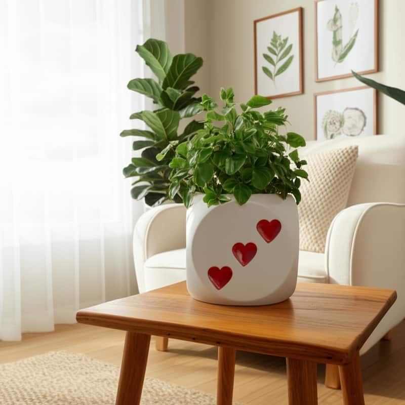 Ceramic Planter Heart Graphic Dice-Inspired Decorative Plant Holder - 6" x 6" x 6"