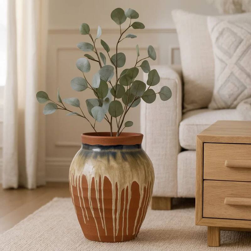 Hino Decorative Vase, Dripping Paint Texture, 13 Inch Brown Ceramic