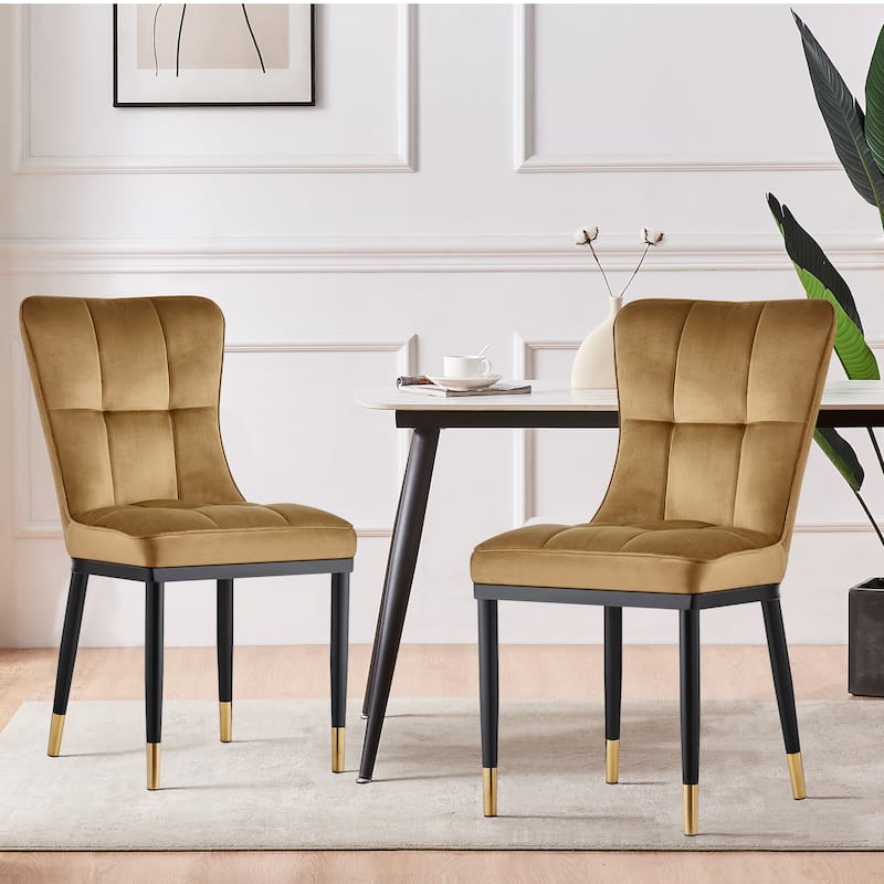 Velvet Upholstered Dining Chairs with Metal Legs, Set of 2/4 - 35.8"H x 18.9"W x 23.2"D - Set of 2 - Khaki