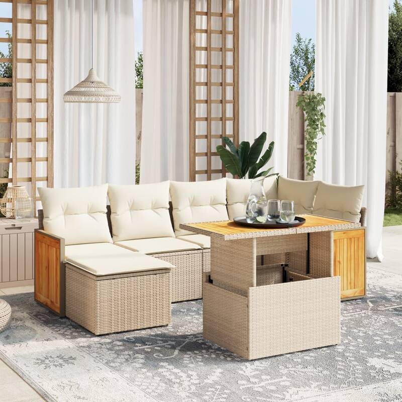 vidaXL Patio Sofa Set with Cushions Table and Sofa Modules 7 Piece Poly Rattan - 21.7 x 39.4 x 28.7 in - Beige and cream