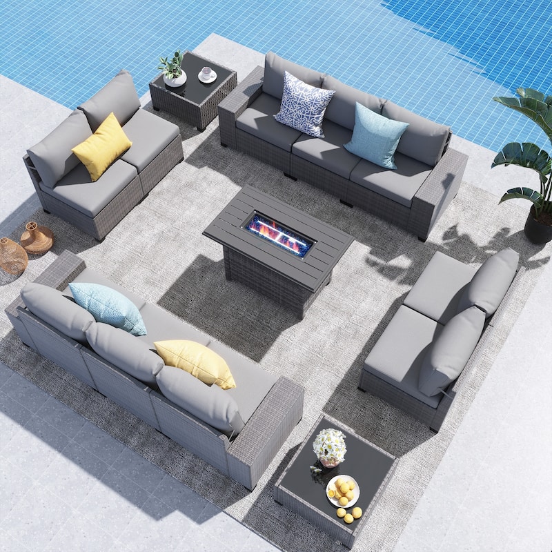 13-Piece 10 Person Patio Free Combination Wicker Conversation Set With Waterproof Cushions and Firepit Table - Grey