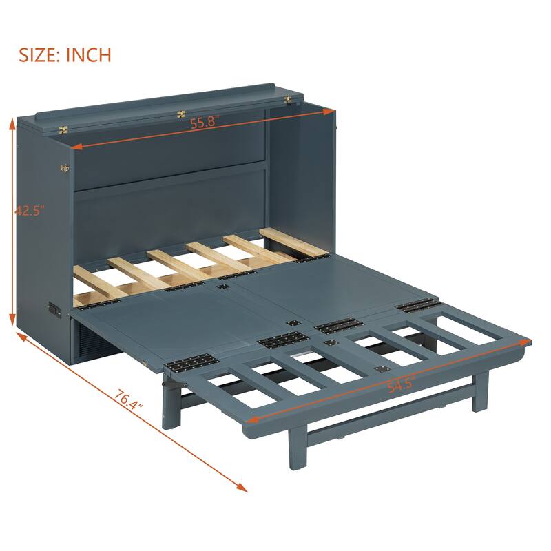 Full/Queen Size Murphy Bed Cabinet with USB Charging Ports, Power Outlets and Large Storage Drawer