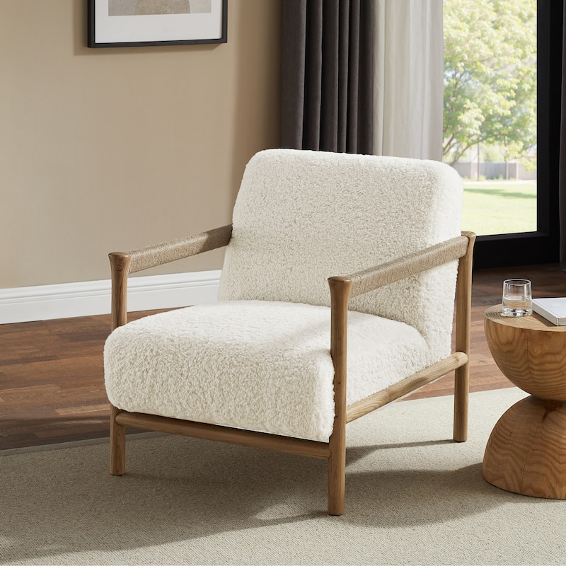 Art Leon Fabric and Wood Accent Armchair - White Fleece Fabric
