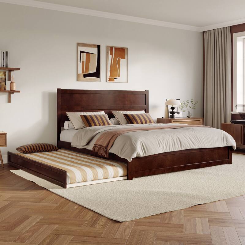 Aveline Wood Platform Bed with Matching Footboard & Trundle - Walnut - King