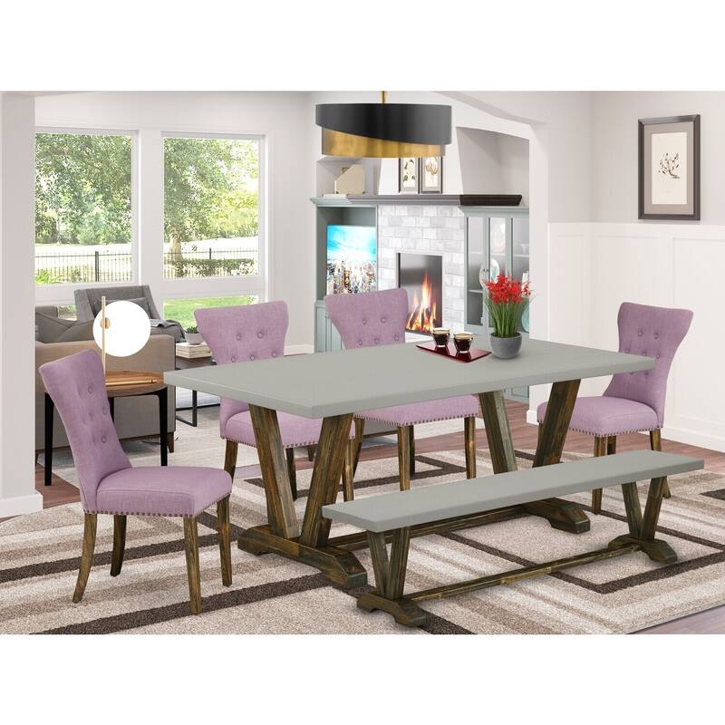 Solid Wood Dinette Set - 6 Piece Kitchen Table Set - 4 Parsons Chairs & Bench - Antique Accents