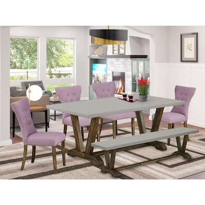 Solid Wood Dinette Set - 6 Piece Kitchen Table Set - 4 Parsons Chairs & Bench - Antique Accents