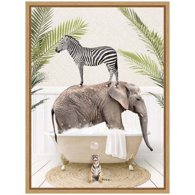 Kate and Laurel Sylvie Safari Animals in Palm Bath Framed Canvas by Amy Peterson