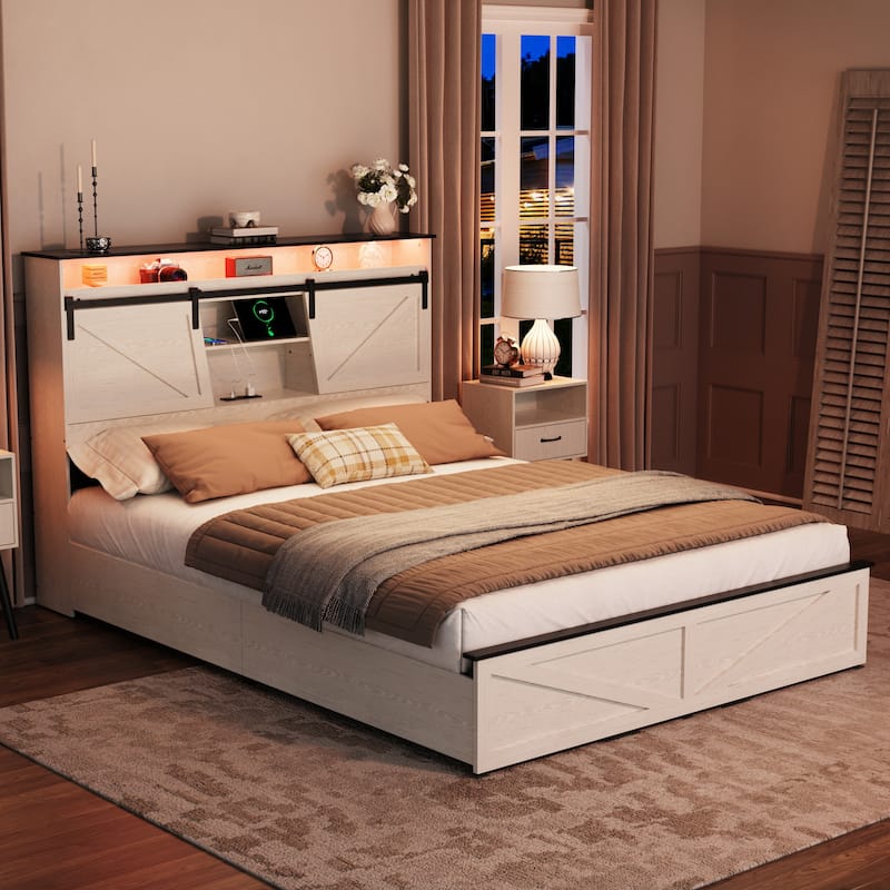 Farmhouse Storage Bed Frame with Storage Headboard, Charging Station and LED Lights, Optional Platform Bed with Drawers - White with Drawers - Queen