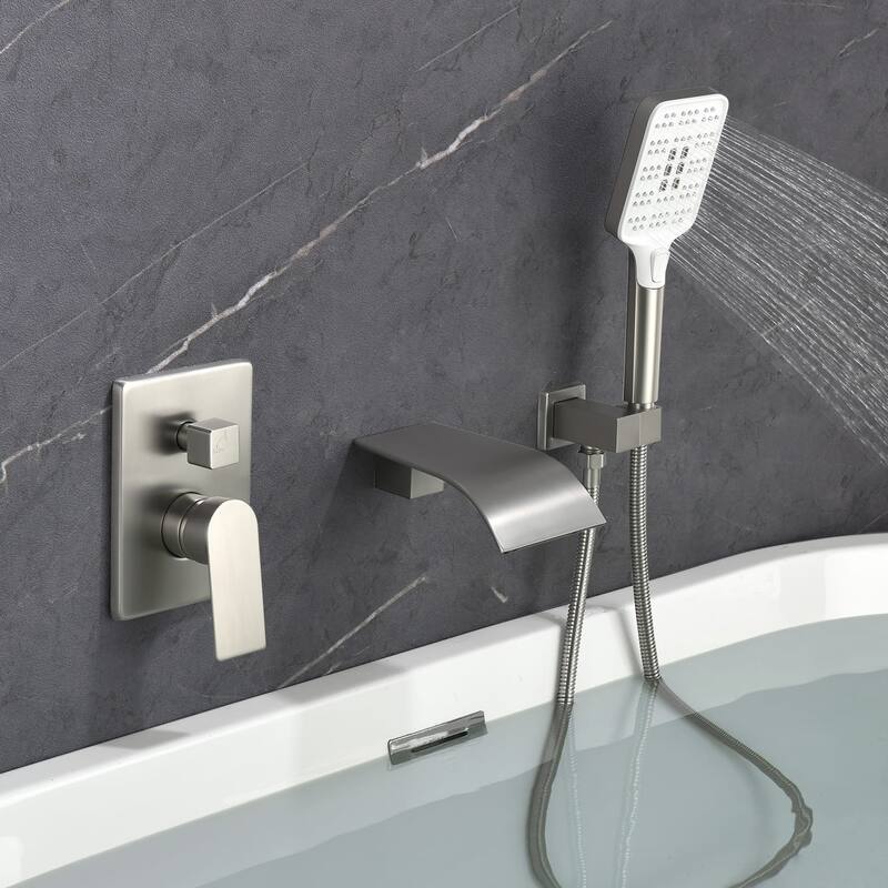 Wall Mounted Tub Faucet With Hand Sprayer Waterfall Bathtub Faucet Modern Single Handle Tub Filler Trim With Handheld Shower