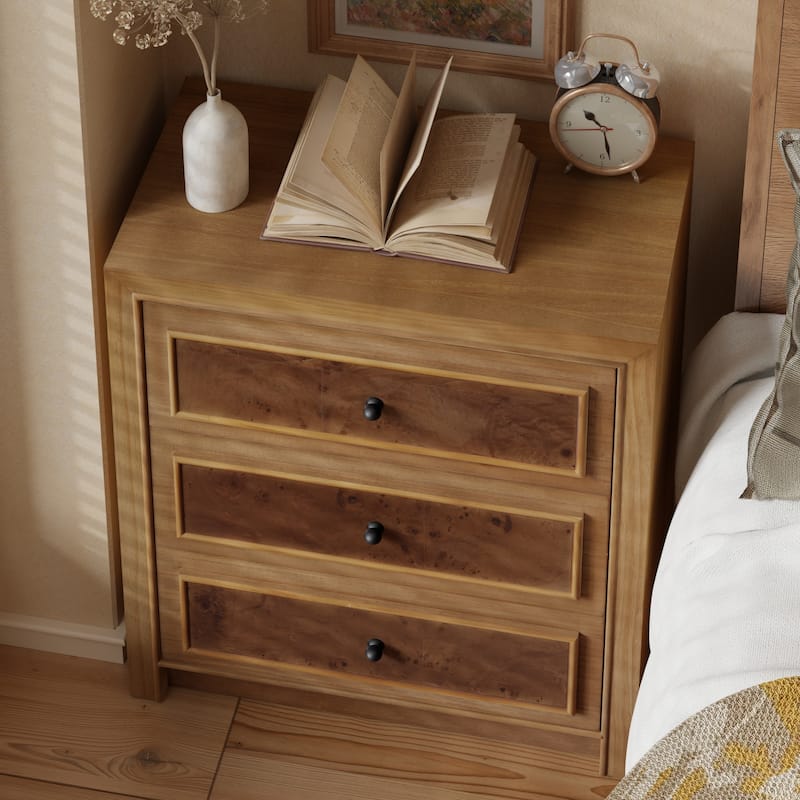COZAYH Fully Assembled Wooden Nightstand, Burl Front Dresser in Farmhouse Style, Natural Finish Bedside Table with Ample Storage