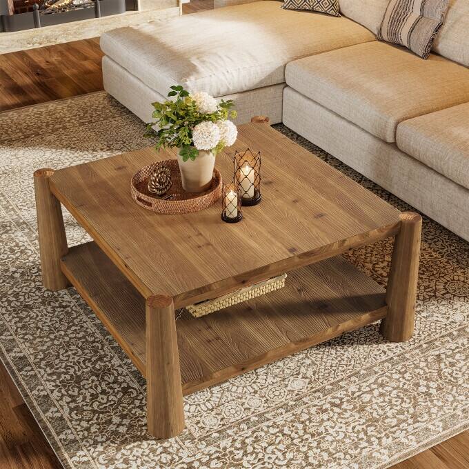 34" Rustic Solid Wood Coffee Table, Square Living Room Center Table