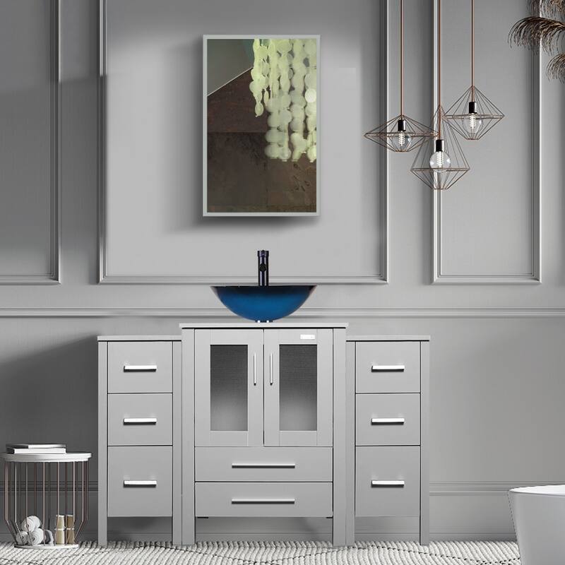 48" Bathroom Vanity Set Vessel Sink Mirror Faucet W/ Small Cabinet Combo - ocean blue square sink - Grey
