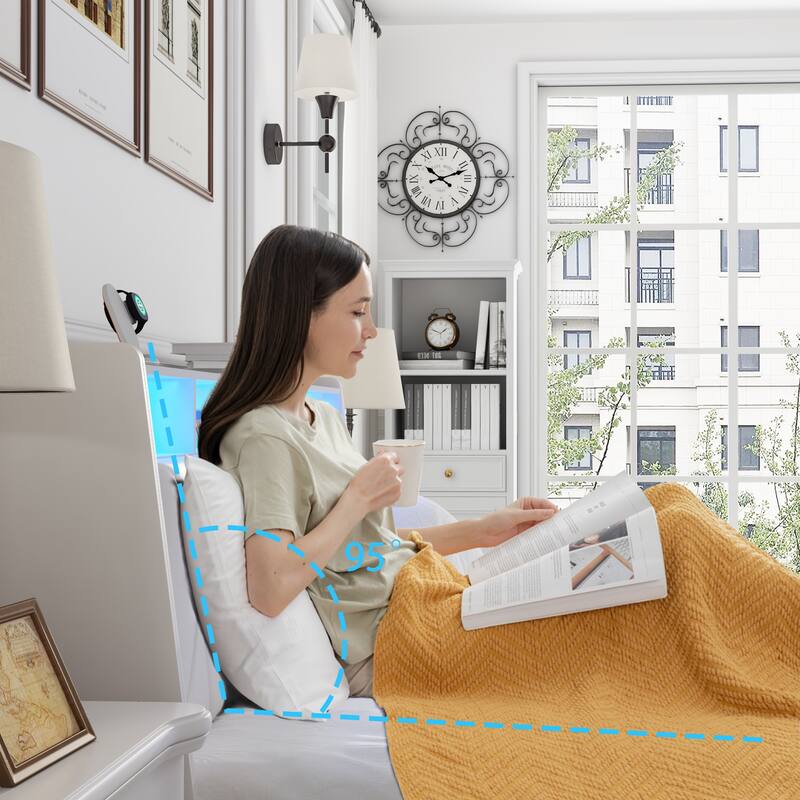 Queen Bed Frame with Ergonomic Headboard, Platform Bed Frame with Outlets & Charger & LED Light, with Storage Shelf