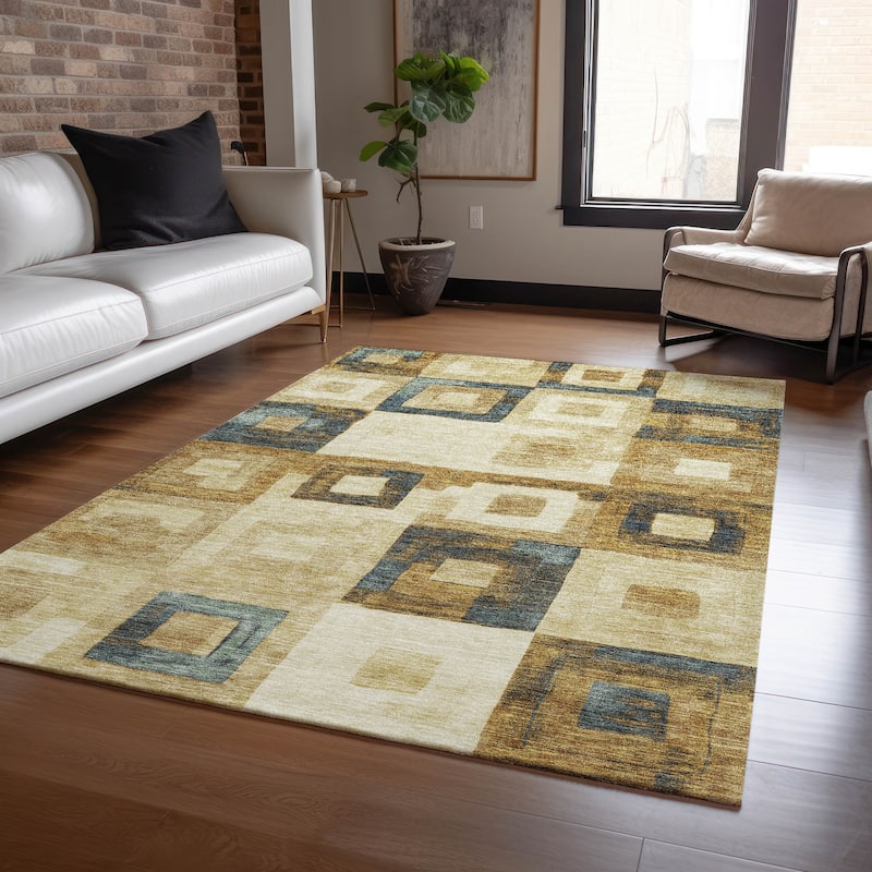 Machine Washable Indoor/ Outdoor Contemporary Blocks Chantille Rug - Beige - 2'6" x 3'10"