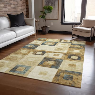 Machine Washable Indoor/ Outdoor Contemporary Blocks Chantille Rug
