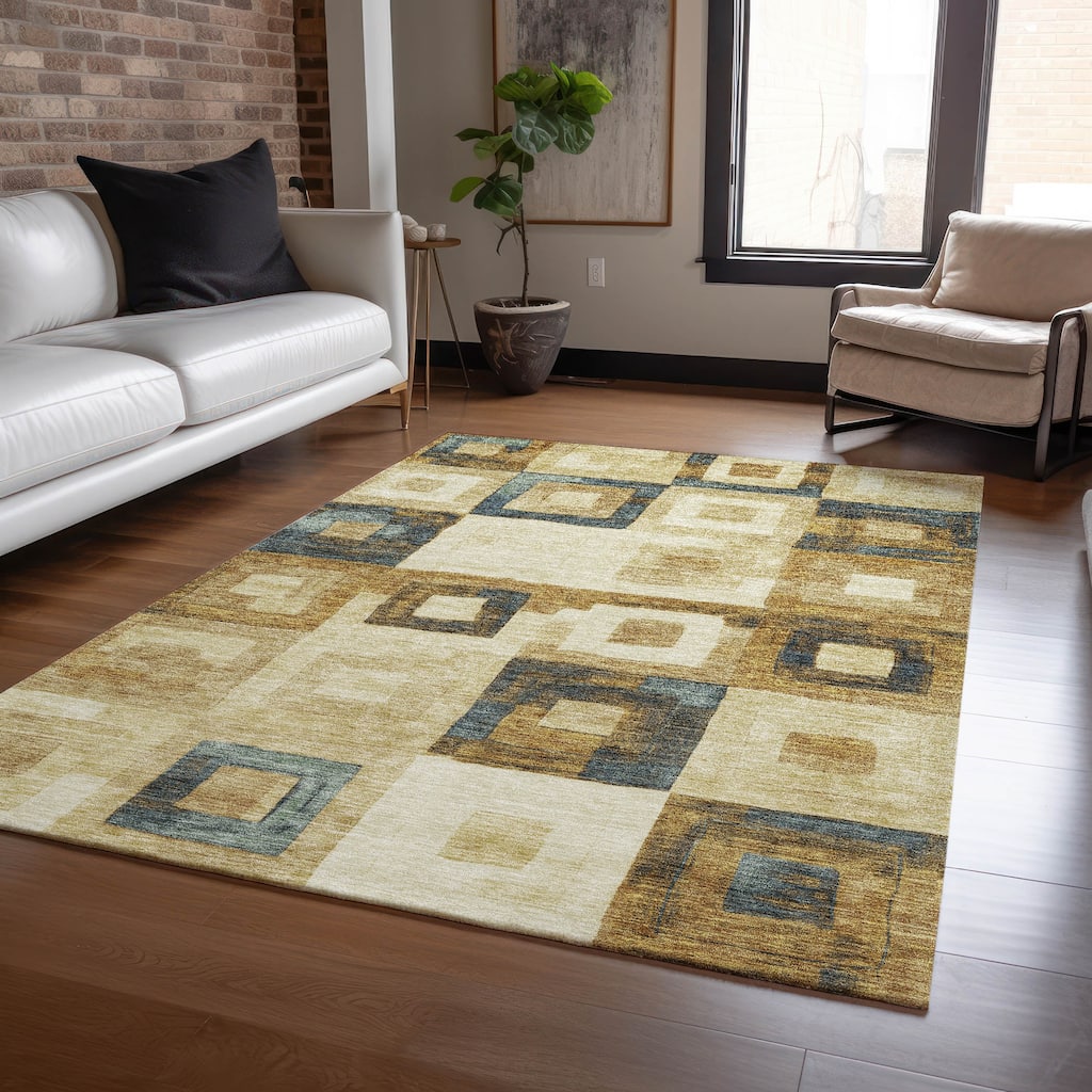 Machine Washable Indoor/ Outdoor Contemporary Blocks Chantille Rug