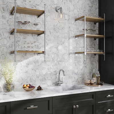 Serena 11x13 White Gray Calacatta Gold, Thassos Mosaic Hexagon Wall and Floor Tile (5.4 sq ft/case) - 5 Pack