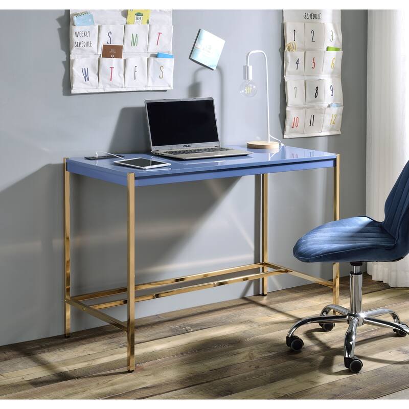 Contemporary Writing Desk with USB Charging Port, High Gloss Finish and Metal Base for Home Office or Study - Navy Blue