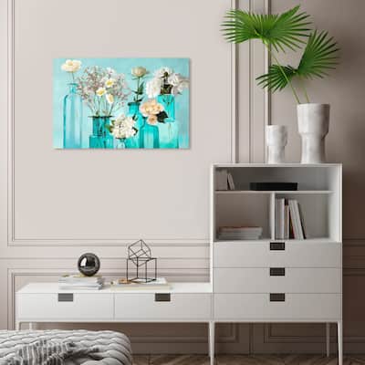 Wynwood Studio Canvas Floral and Botanical Glassy Teal Flowers Blue and Turquoise Modern & Contemporary Wall Art Canvas Print
