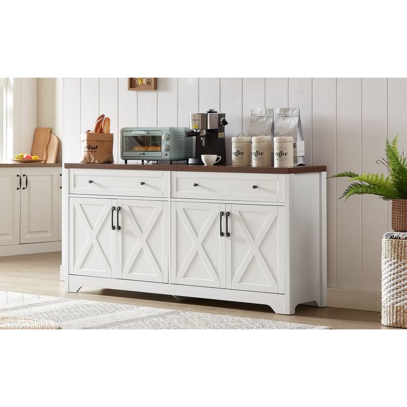 Sideboard Buffet Cabinets with 4 Door, Kitchen Storage Cabinets, Wood Coffee Bar Tables w/ Shelf, Accent Console for Living Room