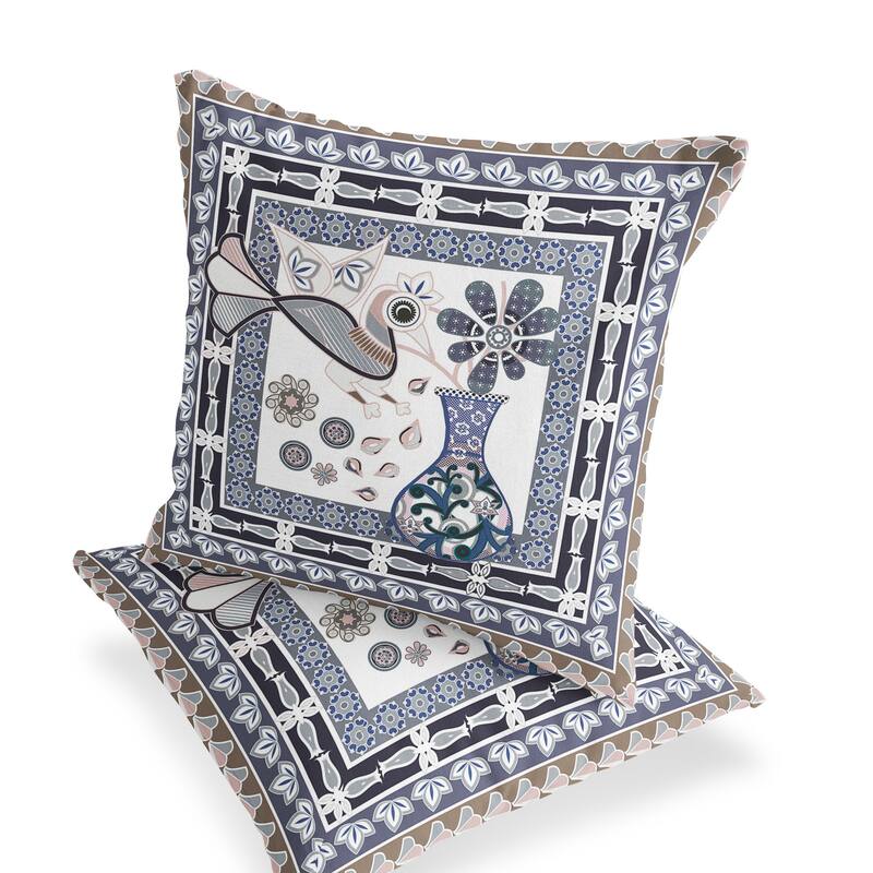 HomeRoots Set of Two 16" X 16" Beige and Orange Peacock Blown Seam Floral Indoor Outdoor Throw Pillow - 16.00' X '16.00' X '5.00