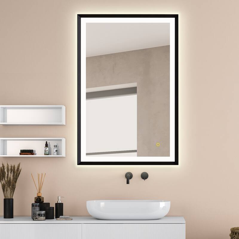 Apollo Rectangular Anti-Fog Dimmable Modern Bathroom/Vanity LED Lighted Wall Mirror in Matte Black Aluminum Framed