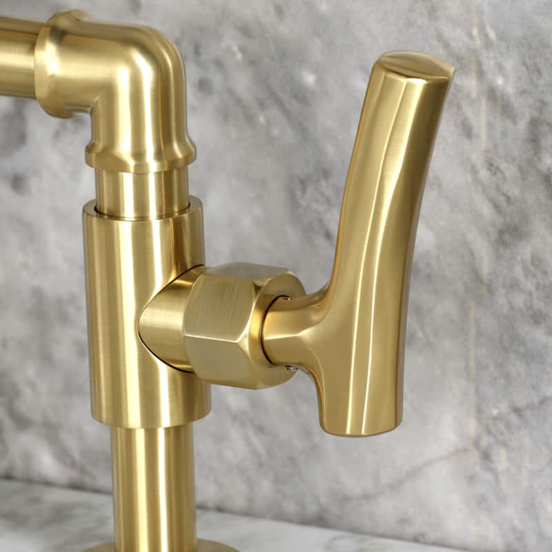 Kingston Brass Hallerbos Two-Handle 4-Hole Deck Mount Bridge Bathroom Faucet with Brass Pop-Up Drain