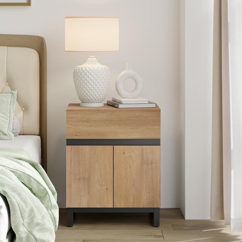 WAMPAT Modern Nightstand with 1 Drawer & 1 Storage Cabinet, Farmhouse Bedside Table with 2 Open Door forBedroom