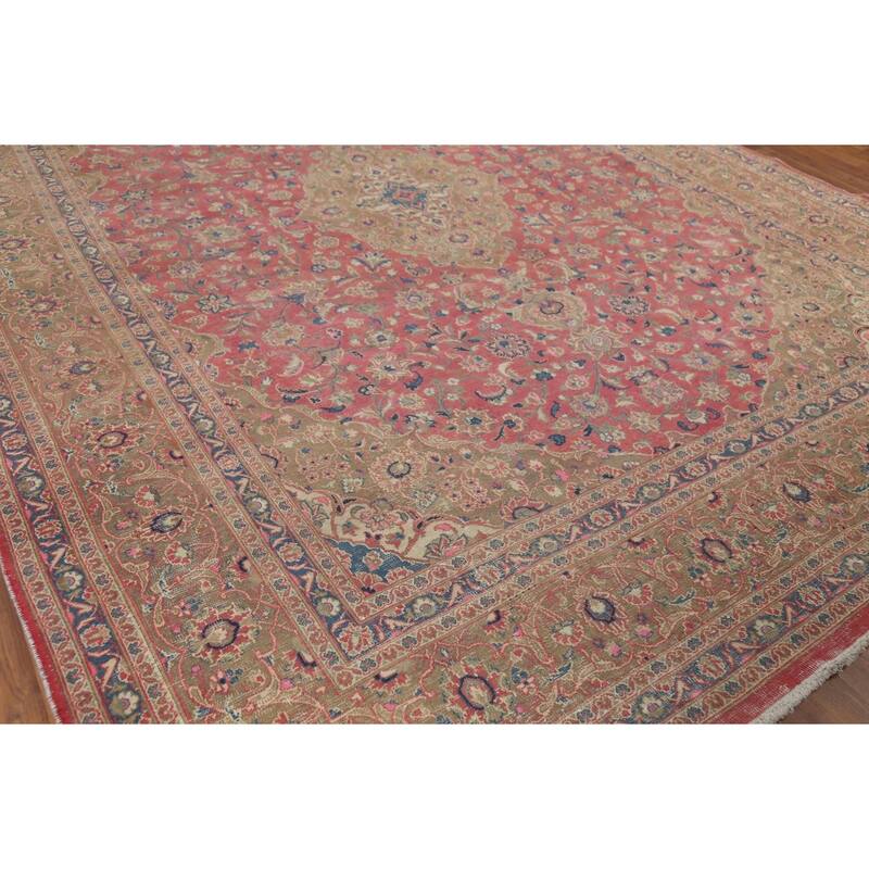 Traditional Pink Mashad Persian Vintage Rug Hand-Knotted Wool Carpet - 9'5"x 12'5"