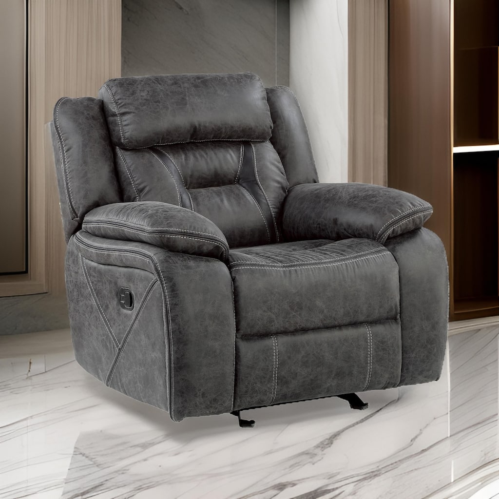 Mady 39 Inch Manual Glider Recliner Chair, Gray Microfiber, Solid Wood