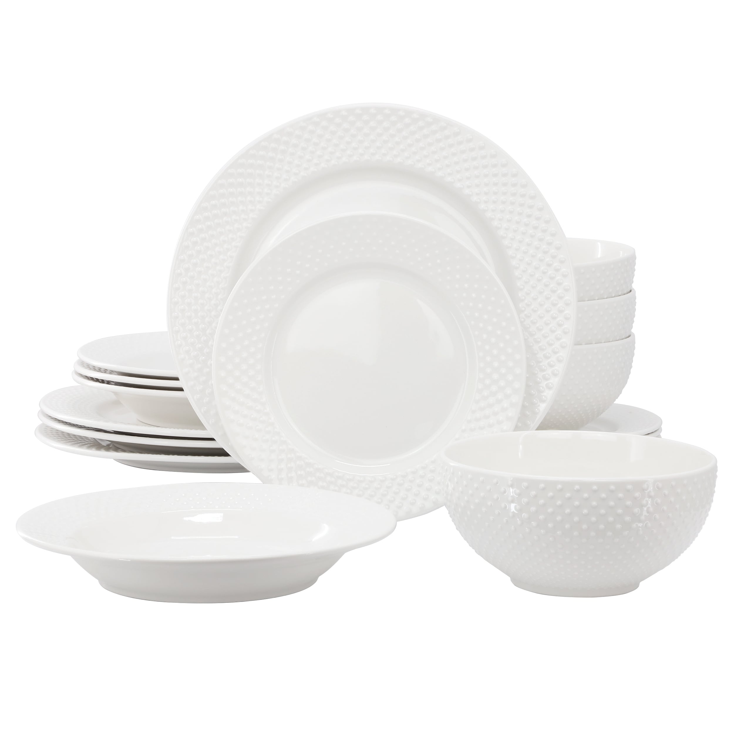 Elama Kim 16 Piece Hobnail Double Bowl Porcelain Dinnerware Set in White
