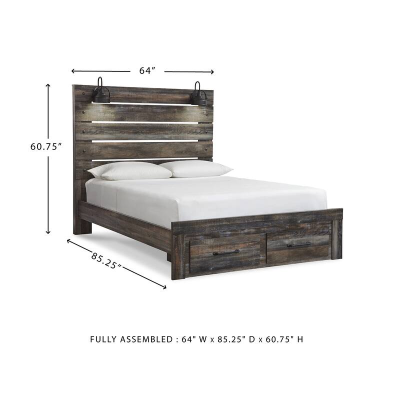 Drystan Rustic Brown Panel Bed with Footboard Storage Drawers