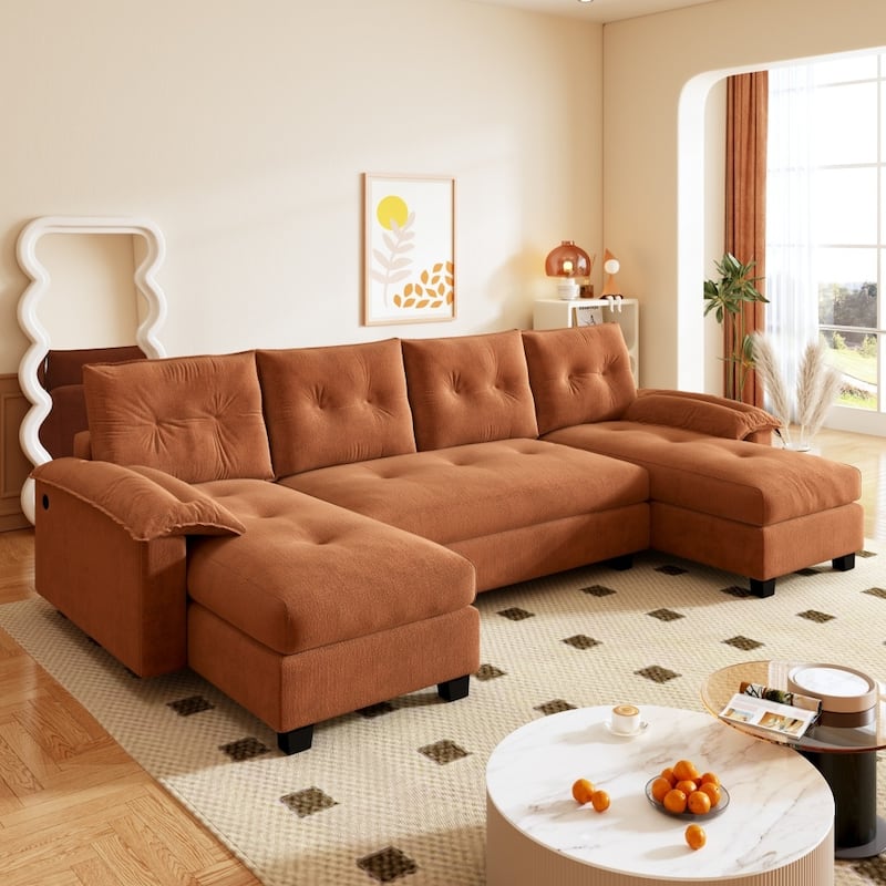 104.7" U-shaped 3-in-1 Multifunctional Convertible Sectional Sofa with USB Ports - Orange