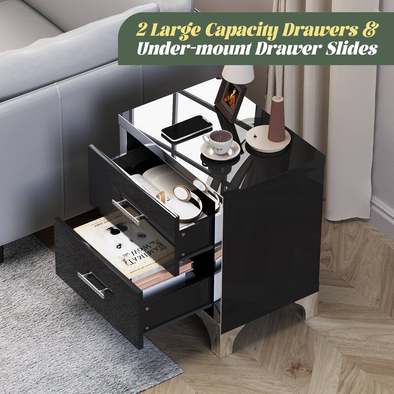 High Gloss Mirrored Nightstand with 2 Drawers,Modern End Table with Drawers,Mirrored High Gloss Wood Nightstand Metal Handle