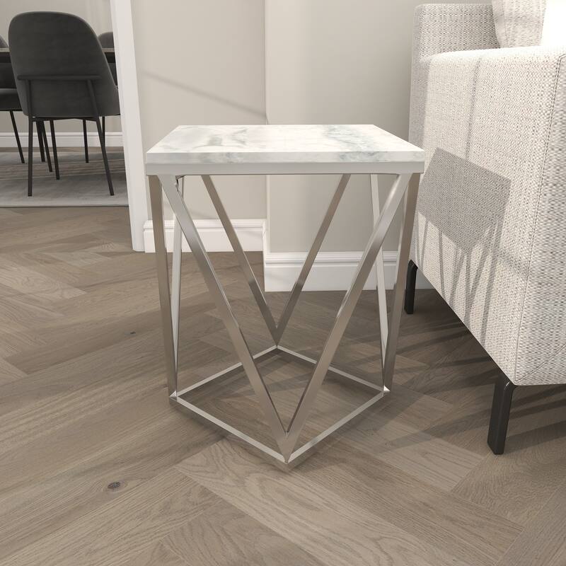 Silver Stainless Steel Accent Table with Marble Top - 18 x 18 x 21