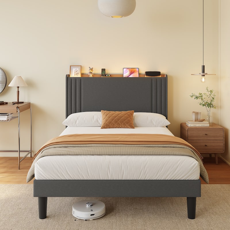 Queen/ Full Vertical Channels Upholstered Bed with Wingback Headboard
