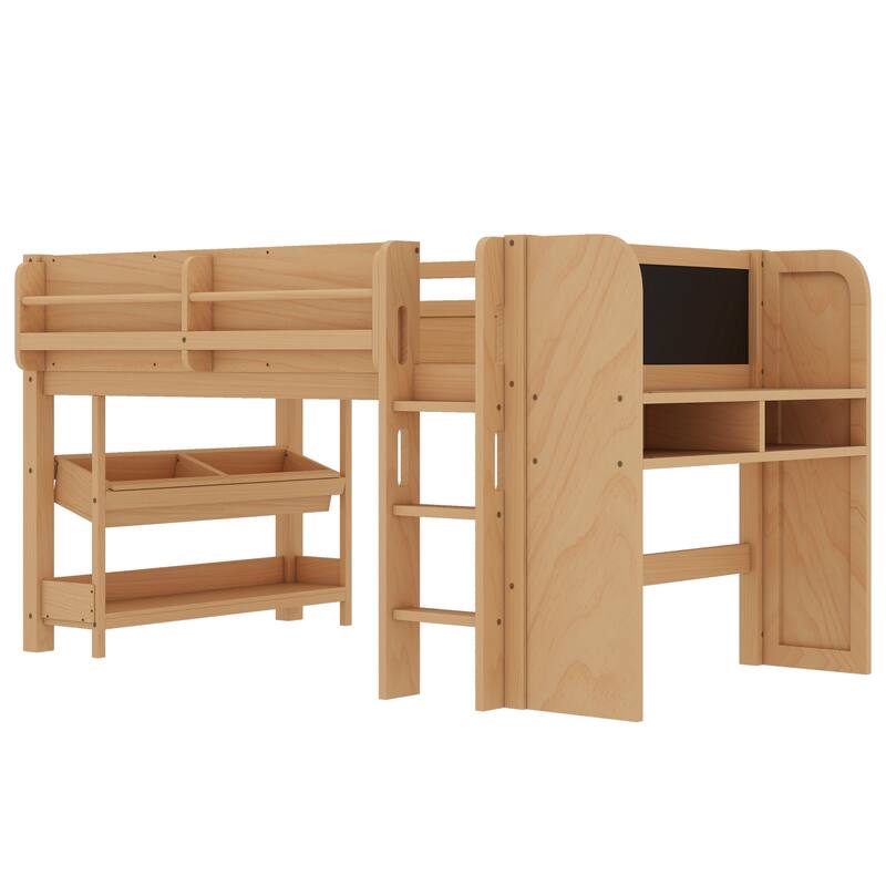 Full/Twin Size Loft Bed with Built-in Desk, Multi-Storage Bookcases & Blackboard, Solid Wood Low Loft Bed Frame