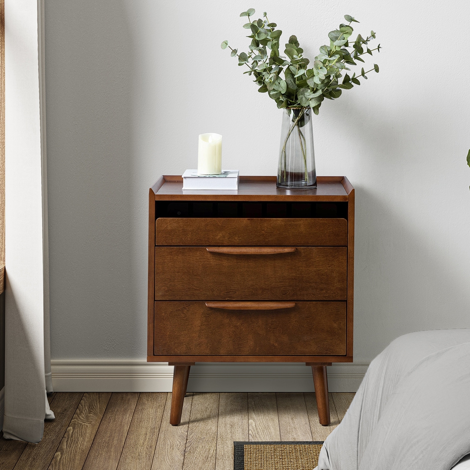 Lisa Mid Century Modern 3 Drawer Nightstand with Charging Station by HULALA HOME