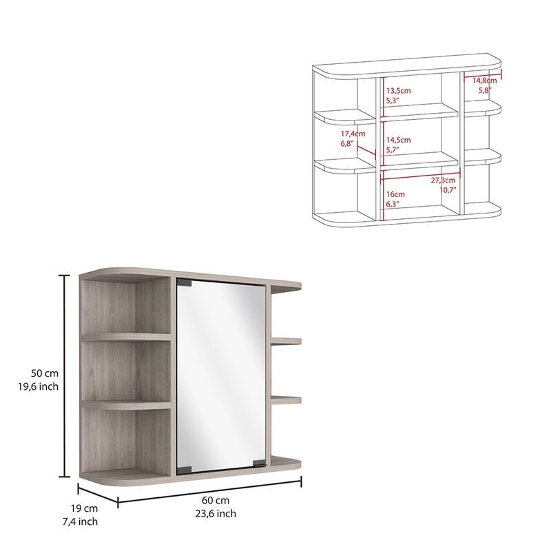 Light Gray Medicine Cabinet - 20" H, Mirror Panel Door, 6 External Shelves, 3 Interior Shelves, Wall-Mounted Storage