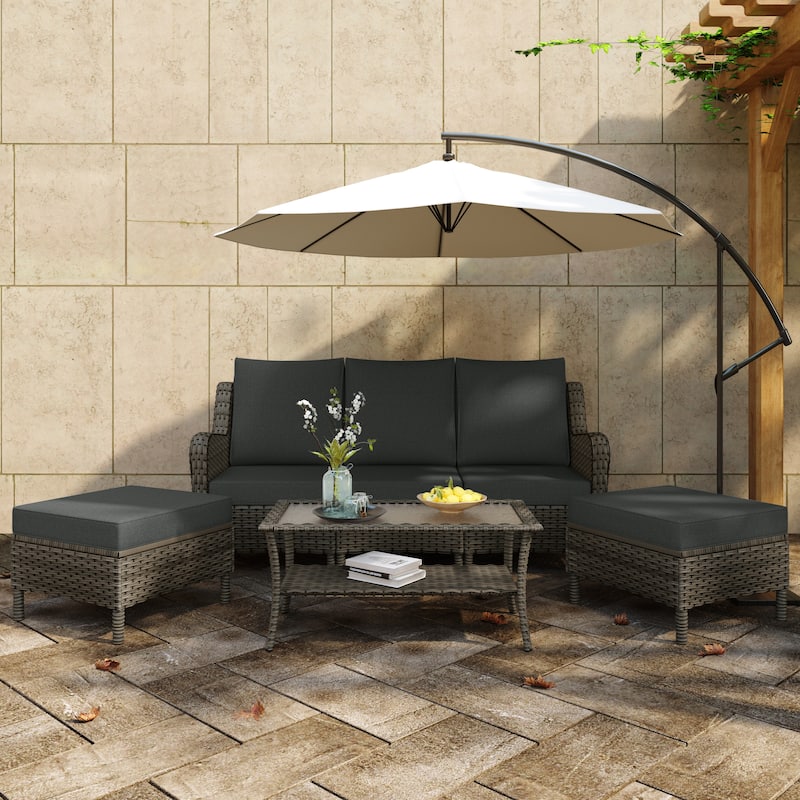 Outdoor 6-Piece Rattan Wicker Sectional Sofa Set With Cushion - Brown Frame/Table - Dark Grey/Brown