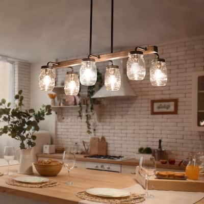 Lynea Modern Farmhouse 6-Light Linear Glass Chandelier Wood Grain Bar Island Lights - L27.5" x W11"x H 71.5"